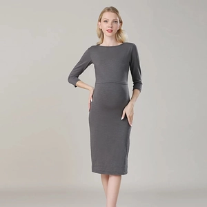 Slim fit dark grey maternity dress with striped knitting and 3/4 sleeves for women