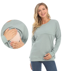 Green long sleeve cotton nursing sweatshirt with hidden horizontal zippers for feeding