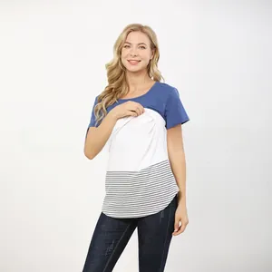 Detail of horizontal nursing opening on a striped color-block cotton maternity t-shirt