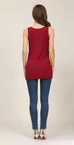 Back view of a slim fit burgundy modal tank top paired with denim jeans and silver heels