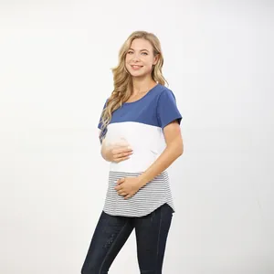 Close-up of color-block nursing t-shirt with navy, white and gray stripes detail