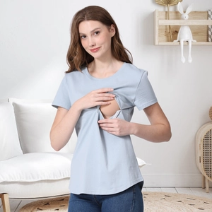 Short sleeve light blue nursing T-shirt with hidden horizontal zipper for breastfeeding