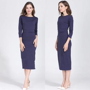 Detail of navy blue nursing dress with layered waist for breastfeeding functionality