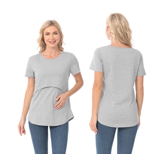 Short sleeve nursing t-shirt in grey with double layer design and curved hem for women