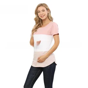 Detail of maternity nursing T-shirt with pink and white striped patchwork and curved hem