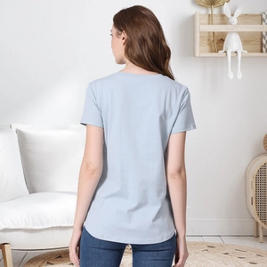 Rear view of a light blue maternity cotton t-shirt with hidden nursing zippers for moms