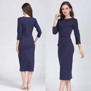 Detailed views of the navy blue slim fit maternity dress with elegant 3/4 sleeves