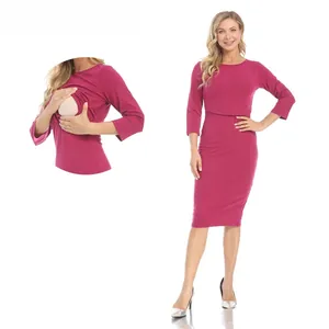 Detail of fuchsia maternity nursing dress showing overlapping breastfeeding opening