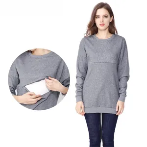 Detail of grey nursing sweatshirt featuring a discreet horizontal hidden feeding opening