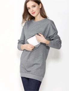 Detail view of the hidden horizontal breastfeeding zipper on this grey cotton nursing hoodie