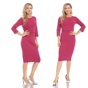 Fuchsia 3/4 sleeve maternity bodycon dress featuring double-layer nursing access design