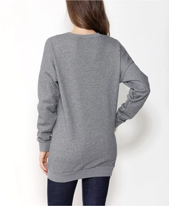 Back view of a dark grey long-sleeve cotton maternity sweatshirt with ribbed cuffs