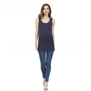 Detail of navy blue modal maternity tank top with high stretch fabric and round neck cut