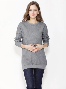 Close-up of gray cotton nursing sweatshirt featuring hidden zipper for easy breastfeeding