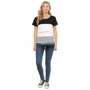 Three-color patchwork maternity nursing top with stripes and breathable cotton fabric