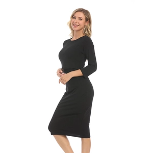 Black long-sleeve maternity nursing dress with a slim fit and functional layered design