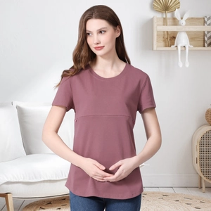 Close-up of pink cotton nursing T-shirt with horizontal zipper for easy breastfeeding