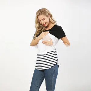 Detail of breastfeeding access on a striped maternity t-shirt with color block design
