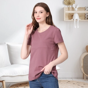 Short sleeve cotton nursing T-shirt for pregnancy in dusty rose featuring chest zippers