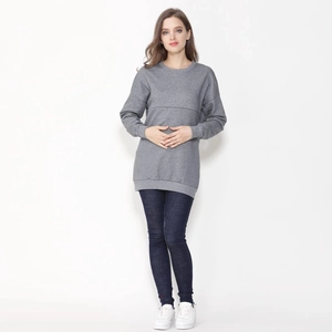 Detail of gray maternity sweatshirt featuring discreet breastfeeding zippers and long sleeves