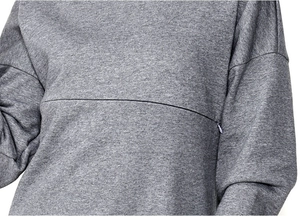 Close-up of grey nursing sweatshirt with hidden horizontal zipper for easy breastfeeding