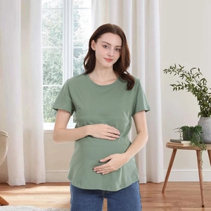 Detailed view of sage green cotton maternity T-shirt with nursing zipper for home use