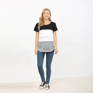 Three-tone patchwork maternity nursing top with striped panels and cotton fabric