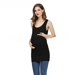 Close-up of black modal maternity tank top with side ruching and elastic fabric for comfort