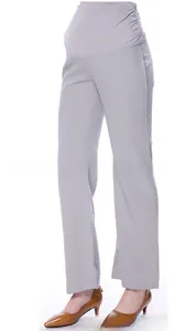 Detailed view of high-waisted elastic belly support on light grey maternity pants