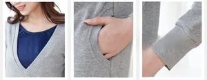 Détail d'un sweat à capuche gris pour grossesse avec col en V et poches latérales
