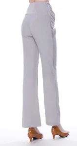 Detail view of high waist maternity pants in gray fabric with stretch belly support band