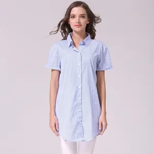 Detail of short sleeve maternity nursing shirt with blue vertical stripes and lapel collar