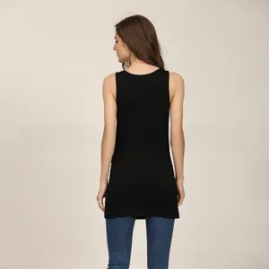 Rear view of a black modal stretch tank top for women paired with blue skinny jeans