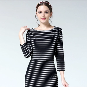 Slim fit maternity nursing dress featuring classic black and white horizontal stripes
