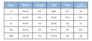 Detailed size chart for maternity pants with measurements from size M to XXXL