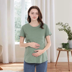 Detail of green maternity T-shirt showing round neckline and elastic loose curved hemline