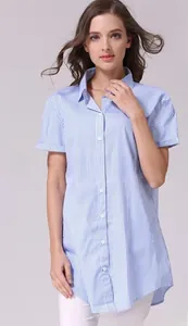 Detail of blue and white striped maternity shirt featuring short sleeves and button-down front