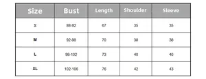 Size chart for summer maternity nursing top with bust and length measurements