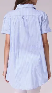 Rear view of short sleeve maternity shirt featuring a back box pleat and blue stripes