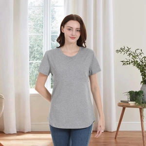 Short sleeve grey maternity nursing t-shirt made of soft cotton with invisible zippers