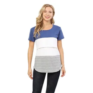Short sleeve nursing top for women featuring blue white and grey striped patchwork design