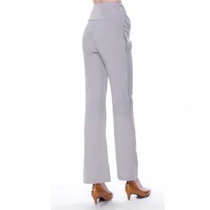 Detail of high-waist maternity cotton trousers in light grey with elastic belly support
