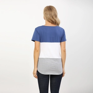 Short sleeve maternity shirt with blue, white, and striped panels and a curved hemline