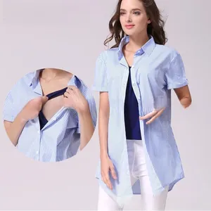 Detail of blue striped maternity nursing shirt featuring a functional overlap design