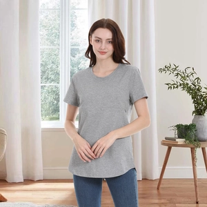 Detail of grey cotton nursing t-shirt with hidden horizontal zipper for breastfeeding