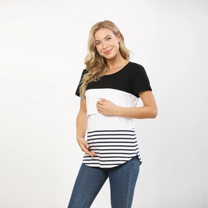 Short sleeve nursing t-shirt with striped patchwork design and nursing access