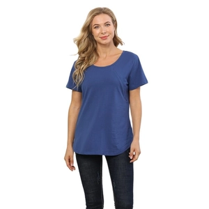 Short sleeve navy blue nursing t-shirt for pregnancy with discrete feeding access