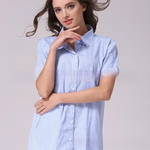 Detailed close-up of blue and white striped nursing shirt with functional button closure