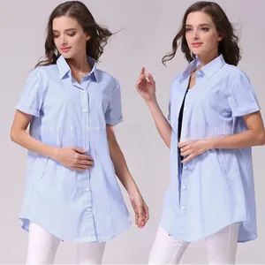 Detailed front and side views of blue and white striped short-sleeve maternity shirt