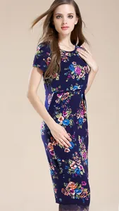 Close-up of floral print details and soft stretch modal fabric on dark blue nursing dress